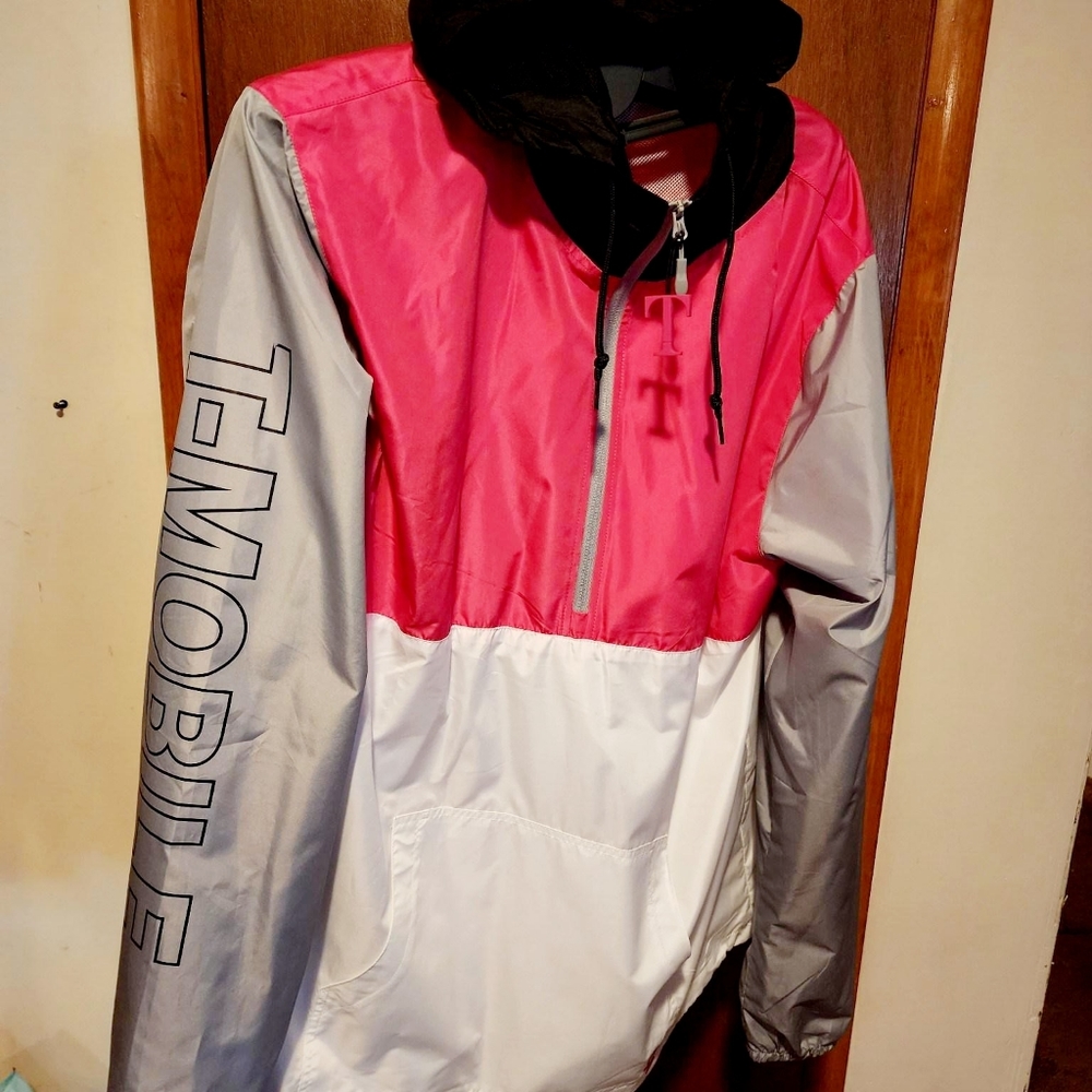NWOT T-Mobile hooded Magenta,White Gray and Black windbreaker . Size 2XLT